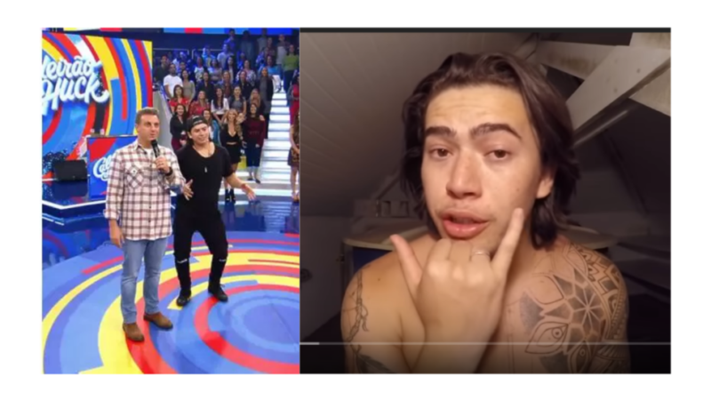 Montagem de duas fotos, a esquerda Whindersson e Luciano Huck no palco do programa. Luciano está em pé falando ao microfone e Whindersson está a sua esquerda com as mãos no arem frente ao corpo, com o quadril enclinado para o lado e joelhos levemente flexionados. Na foto da direita, Whindersson está de frente pra câmera, sem camisa, fazendo o sinal de "desculpa" em libras. A mão fechada em frente ao queixo, com o dedão e o dedinho esticados.