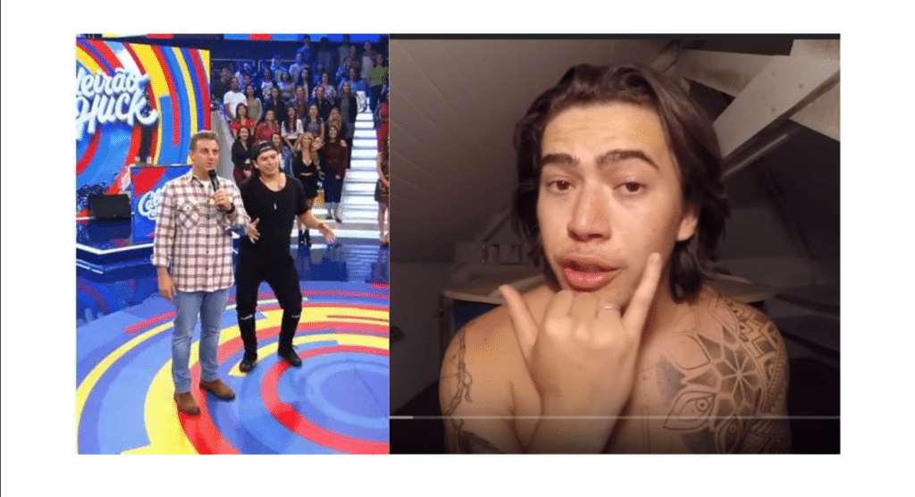 Montagem de duas fotos, a esquerda Whindersson e Luciano Huck no palco do programa. Luciano está em pé falando ao microfone e Whindersson está a sua esquerda com as mãos no arem frente ao corpo, com o quadril enclinado para o lado e joelhos levemente flexionados. Na foto da direita, Whindersson está de frente pra câmera, sem camisa, fazendo o sinal de "desculpa" em libras. A mão fechada em frente ao queixo, com o dedão e o dedinho esticados.