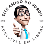Hugo faz o sinal de positivo. Ao seu redor, o texto: Site amigo do surdo, acessível em Libras.