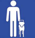 Símbolo cão-guia: Sobre fundo azul, ícone de uma pessoa com um cão-guia a esquerda dela em traços brancos.