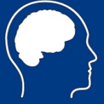 Símbolo Deficiência Intelectual: Sobre um fundo azul há o contorno em branco da cabeça de uma pessoa de perfil com o desenho do cérebro.