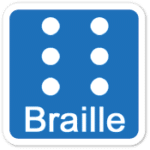 Símbolo Braille: Sobre um fundo azul há seis pontinhos brancos dispostos em duas colunas de três pontinhos, abaixo o texto Braille.