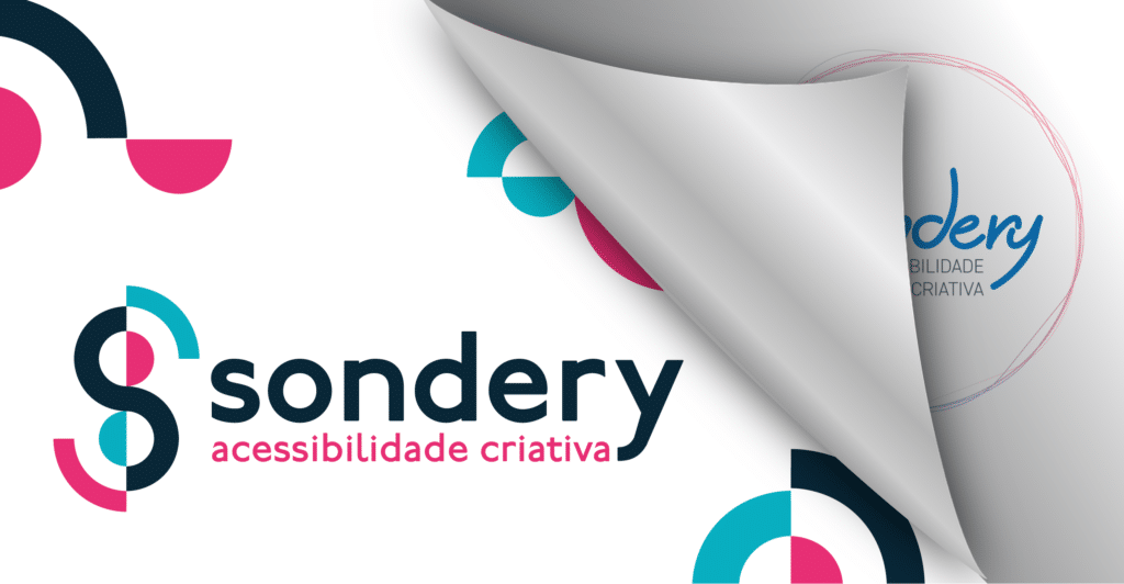 Ilustração de uma folha sendo virada. Na página que está saindo, o antigo logo da Sondery, com fonte azul e um círculo de linhas finas azuis e rosas. Na página nova, está o novo logo: Logo da Sondery formado por um S estilizado à esquerda; e, à direita, as palavras: Sondery Acessibilidade Criativa. Um S que possui uma parte em preto sobre fundo branco. A terminação superior do S é azul e deslocada para cima. A terminação inferior do S é rosa-escuro e deslocada para baixo. Ao lado das curvas superior e inferior há um meio-círculo branco. Ao lado do primeiro meio-círculo branco há um segundo meio-círculo rosa, formando um círculo inteiro. Ao lado do segundo meio-círculo branco há outro meio-círculo azul, formando um círculo inteiro. À esquerda, a palavra sondery, escrita com Y, em letras de forma minúsculas, é preta. Abaixo dela estão as palavras acessibilidade criativa em letras de forma minúsculas rosa.
