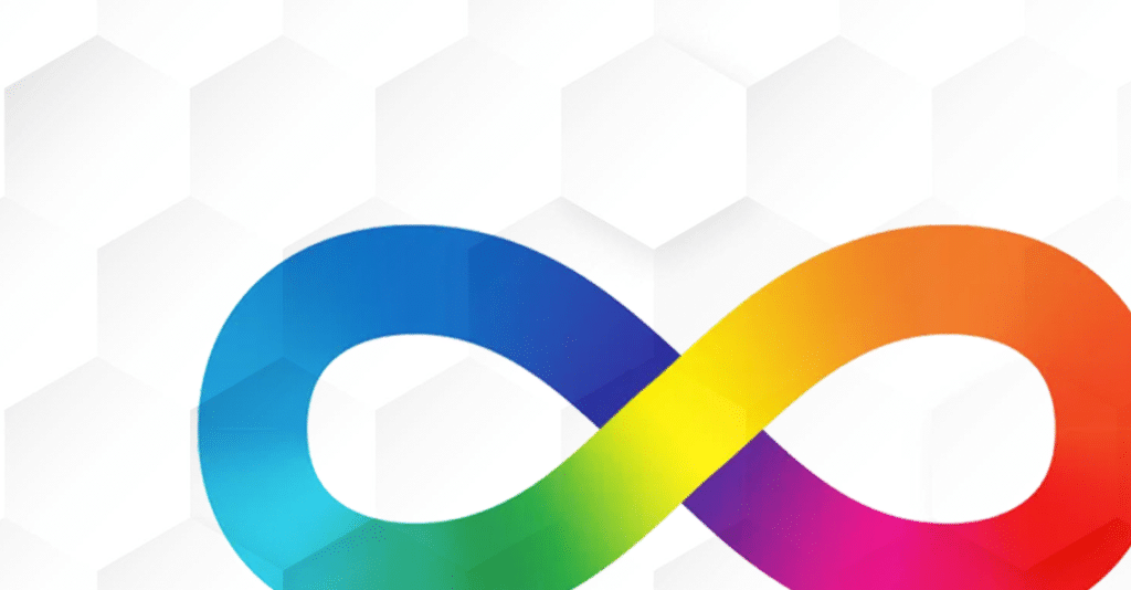 Imagem de fundo branco com textura de vários hexágonos juntos e um grande símbolo do infinito colorido, o símbolo da neurodiversidade.