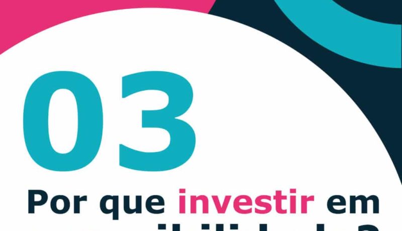Imagem com fundo branco e detalhes arredondados rosa, azul escuro e azul claro. Há o texto: "03 Por que investir em acessibilidade?