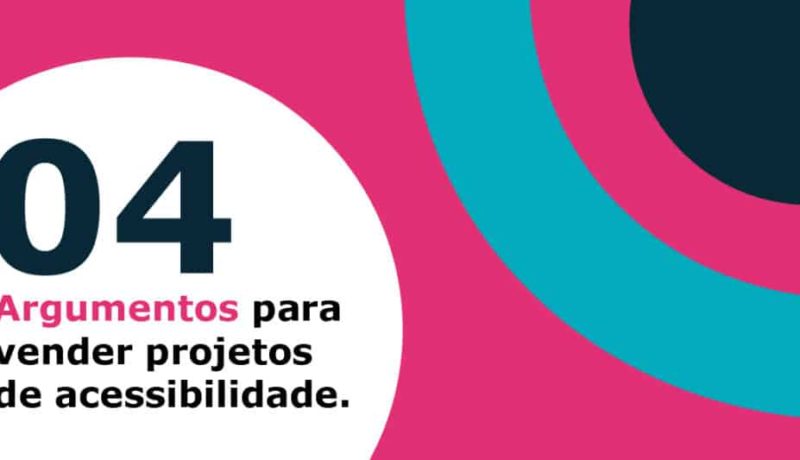 Imagem horizontal com o texto "04: Argumentos para vender projetos de acessibilidade" em um círculo branco. Do lado direito, padrões circulares em rosa, azul claro e azul escuro.