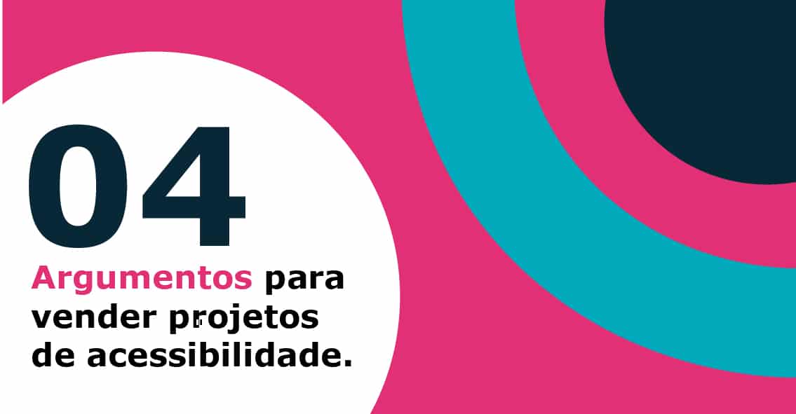 Imagem horizontal com o texto "04: Argumentos para vender projetos de acessibilidade" em um círculo branco. Do lado direito, padrões circulares em rosa, azul claro e azul escuro.