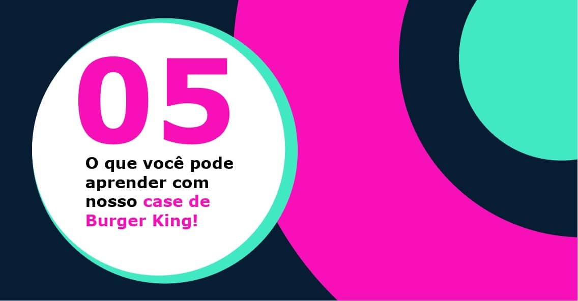 Imagem retangular com círculos concêntricos azul, rosa e cinza. No canto esquerdo há um círculo branco com o texto "05 coisas que você pode aprender com o nosso case de Burger King".