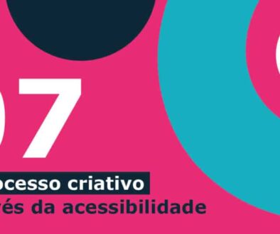 Imagem com fundo rosa com círculos azul claro, branco e azul escuro. Há o texto "07 o processo criativo através da acessibilidade".