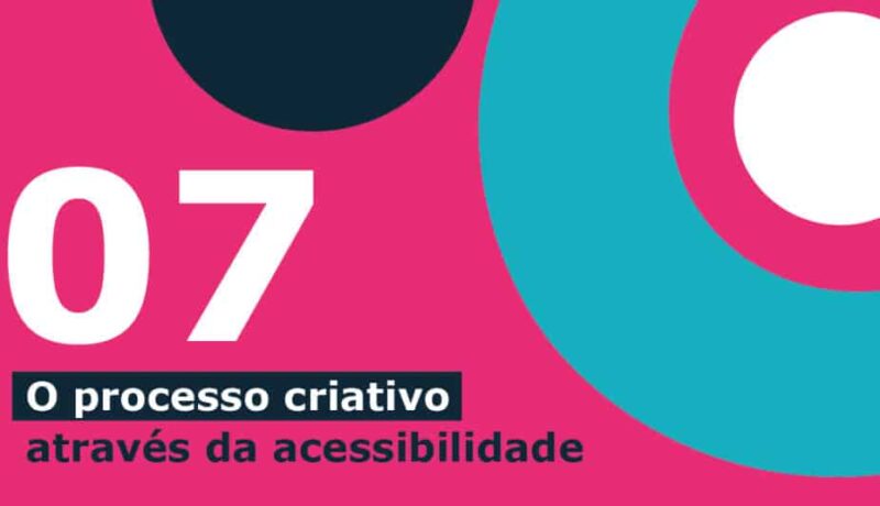Imagem com fundo rosa com círculos azul claro, branco e azul escuro. Há o texto "07 o processo criativo através da acessibilidade".