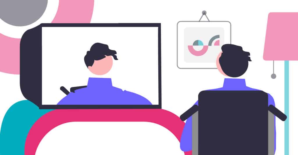 Ilustração de uma pessoa cadeirante vendo o seu próprio reflexo na tela de uma televisão que está na frente dela. A pessoa tem cabelos curtos pretos e usa uma camisa azul. Há elementos coloridos em rosa e azul como um quadro na parede e um abajour.