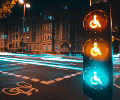Imagem retangular na horizontal. A imagem é uma foto de uma rua no período da noite. Em primeiro plano, do lado direito da foto, tem um semáforo retangular e vertical preto com três círculos luminosos um embaixo do outro também na vertical. As três luzes - vermelho, amarelo e verde - estão acesas e tem o símbolo de pessoa com deficiência no centro. Em segundo plano é possível ver uma rua com faixas e uma bicicleta na cor branca no asfalto cinza escuro, postes de luz no lado esquerdo, no centro e no lado direito da foto. , uma de cada lado. Também é possível ver pedaços do céu preto nas partes superiores direita e esquerda. Na parte lateral esquerda uma construção bege com várias janelas.