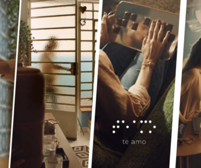 Imagem horizontal com a montagem de quatro cenas do comercial de páscoa de Lacta. Na primeira, uma bengala encostada na parede. Na segunda, mulher entrando em casa por uma porta de vidro. Na terceira, a mulher está sentada em uma poltrona tateando uma bandeja com pedaços de chocolate. Na quarta, a mulher está sentada na poltrona e ao lado dela está um menino, em pé, segurando uma bandeja com chocolates.