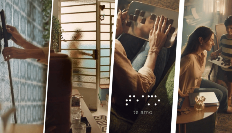 Imagem horizontal com a montagem de quatro cenas do comercial de páscoa de Lacta. Na primeira, uma bengala encostada na parede. Na segunda, mulher entrando em casa por uma porta de vidro. Na terceira, a mulher está sentada em uma poltrona tateando uma bandeja com pedaços de chocolate. Na quarta, a mulher está sentada na poltrona e ao lado dela está um menino, em pé, segurando uma bandeja com chocolates.