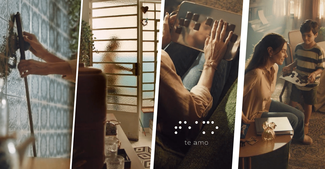 Imagem horizontal com a montagem de quatro cenas do comercial de páscoa de Lacta. Na primeira, uma bengala encostada na parede. Na segunda, mulher entrando em casa por uma porta de vidro. Na terceira, a mulher está sentada em uma poltrona tateando uma bandeja com pedaços de chocolate. Na quarta, a mulher está sentada na poltrona e ao lado dela está um menino, em pé, segurando uma bandeja com chocolates.