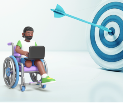 Ilustração de um homem negro em uma cadeira de rodas com um notebook no colo. À direita dele há um alvo com uma flecha no centro.