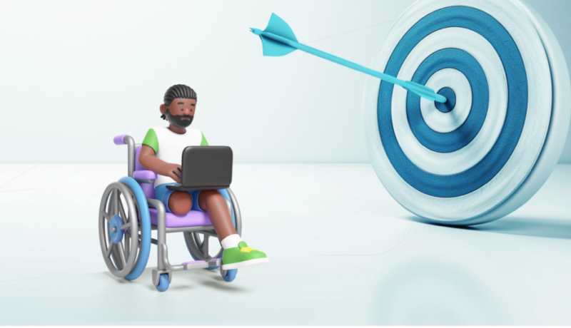 Ilustração de um homem negro em uma cadeira de rodas com um notebook no colo. À direita dele há um alvo com uma flecha no centro.