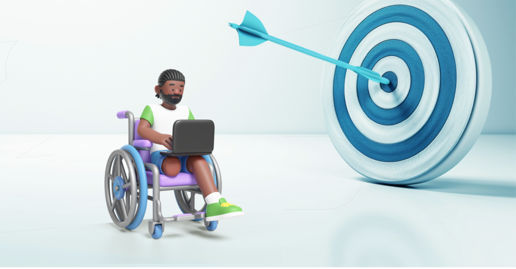 Ilustração de um homem negro em uma cadeira de rodas com um notebook no colo. À direita dele há um alvo com uma flecha no centro.