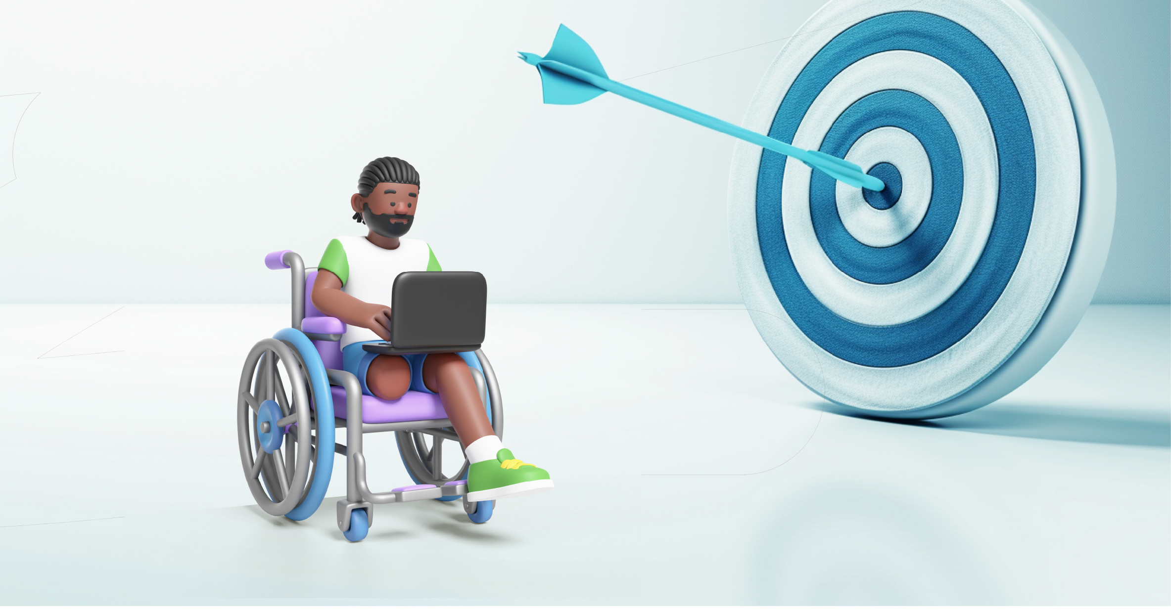 Ilustração de um homem negro em uma cadeira de rodas com um notebook no colo. À direita dele há um alvo com uma flecha no centro.