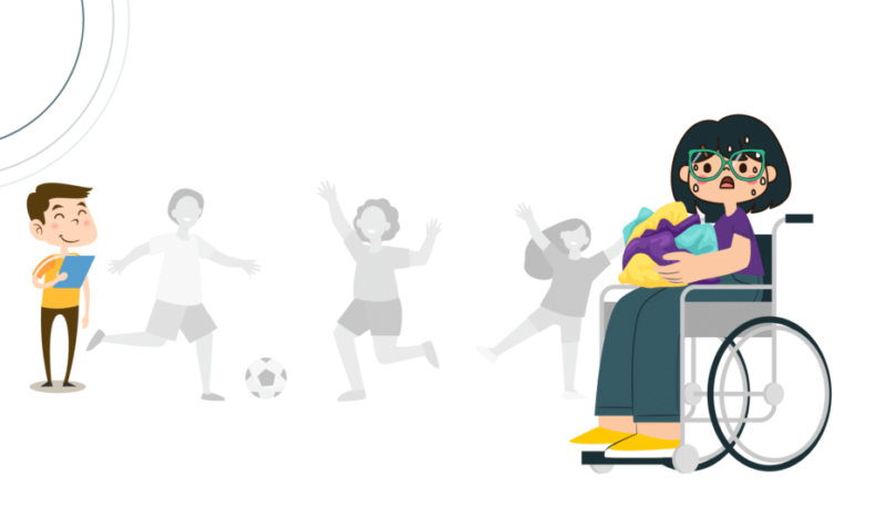 Imagem de fundo branco com a ilustração de um professor observando seus alunos jogando bola. Na parte central direita há uma ilustração de uma menina sentada em uma cadeira de rodas. Ela tem suor no rosto e semblante triste. Ela segura uma pilha de roupas.
