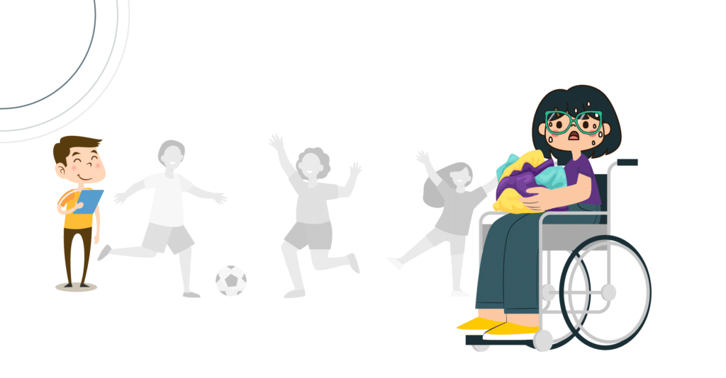 Imagem de fundo branco com a ilustração de um professor observando seus alunos jogando bola. Na parte central direita há uma ilustração de uma menina sentada em uma cadeira de rodas. Ela tem suor no rosto e semblante triste. Ela segura uma pilha de roupas.